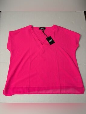 DKNY Blouse Women's Pink  V-Neck Short Sleeve Casual Shirt Top Size L